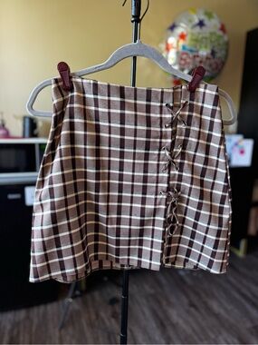 Primark Brown Plaid Mini Skirt with Lace-Up Side